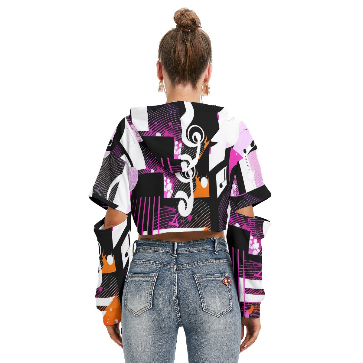 Music Notes Pink/Purple Women's Heavy Fleece Hoodie With Hollow Out Sleeve