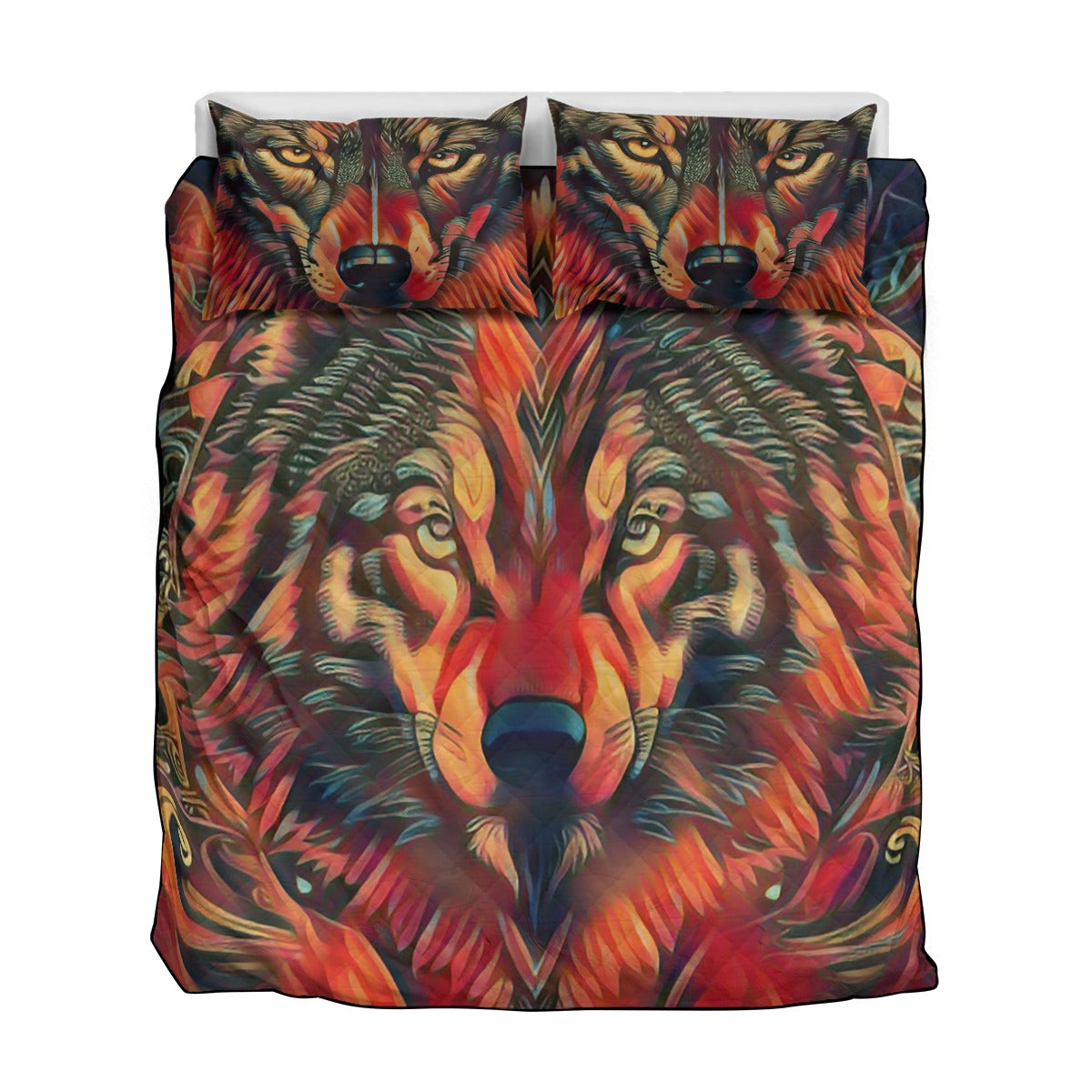Fiery Wolf Quilt & Pillow Cases With Edge-wrapping Strips