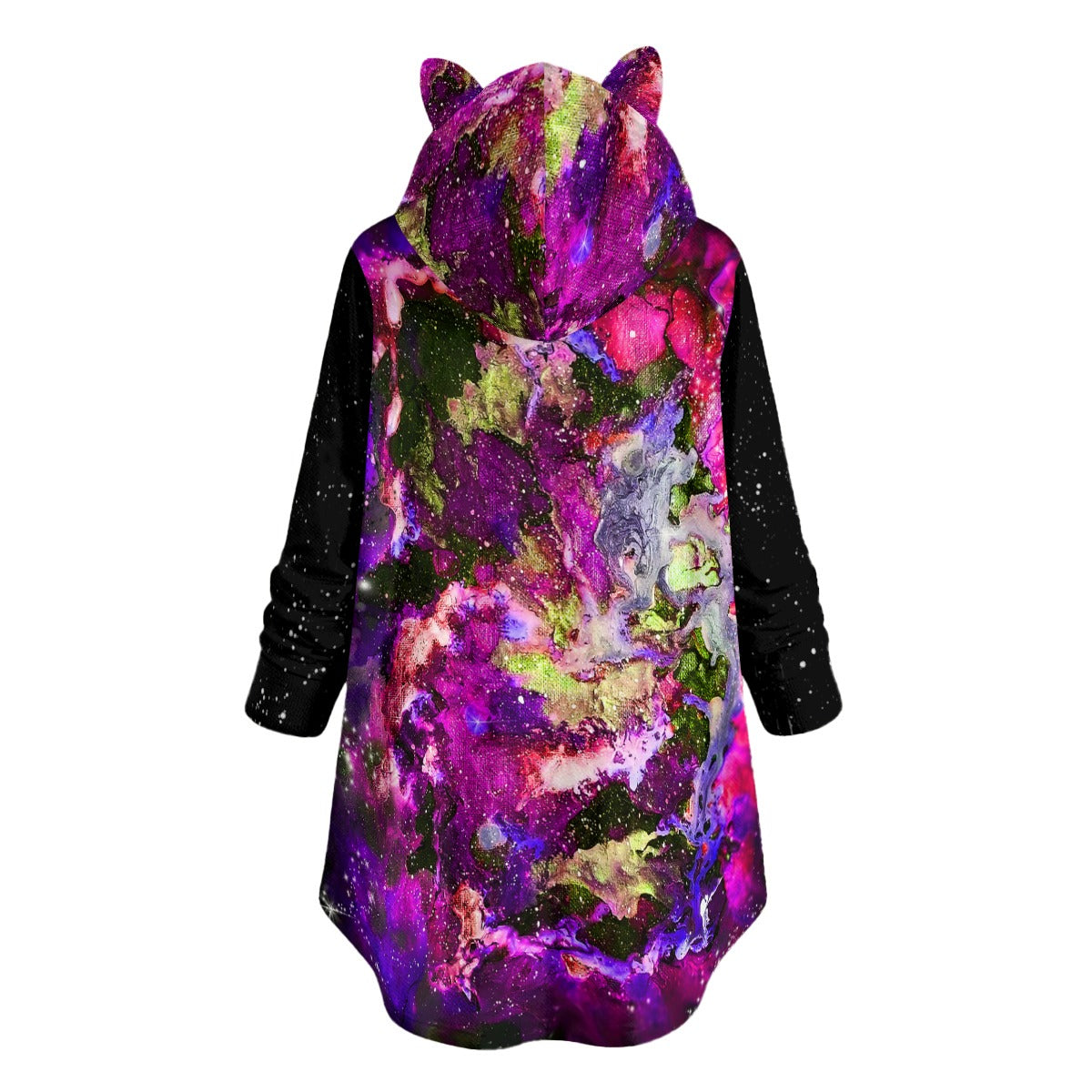 Hot Pink Galaxy/Night Sky Women's Flannel Hoodie with Cat Ears