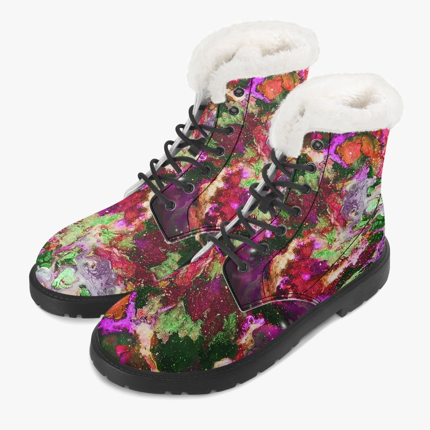 Red/Green Galaxy Faux Fur Leather Boots