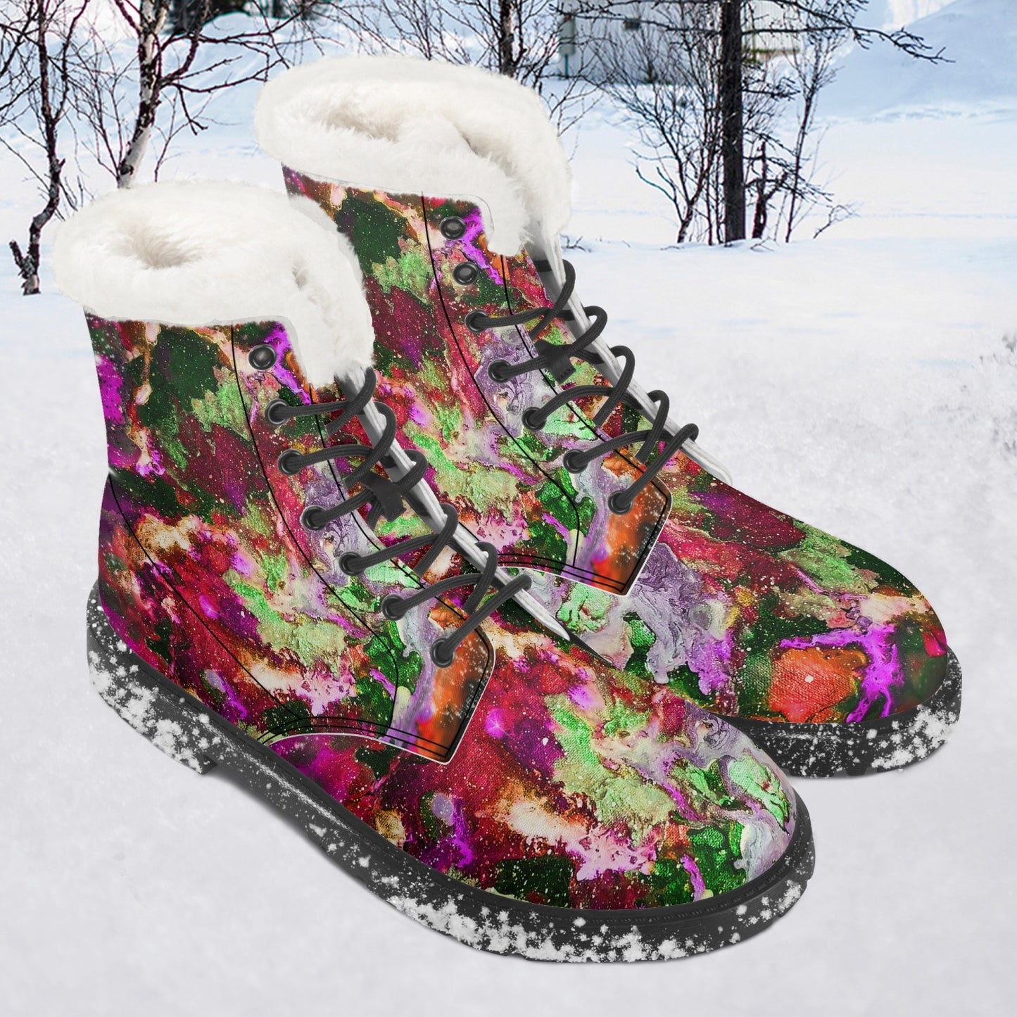 Red/Green Galaxy Faux Fur Leather Boots