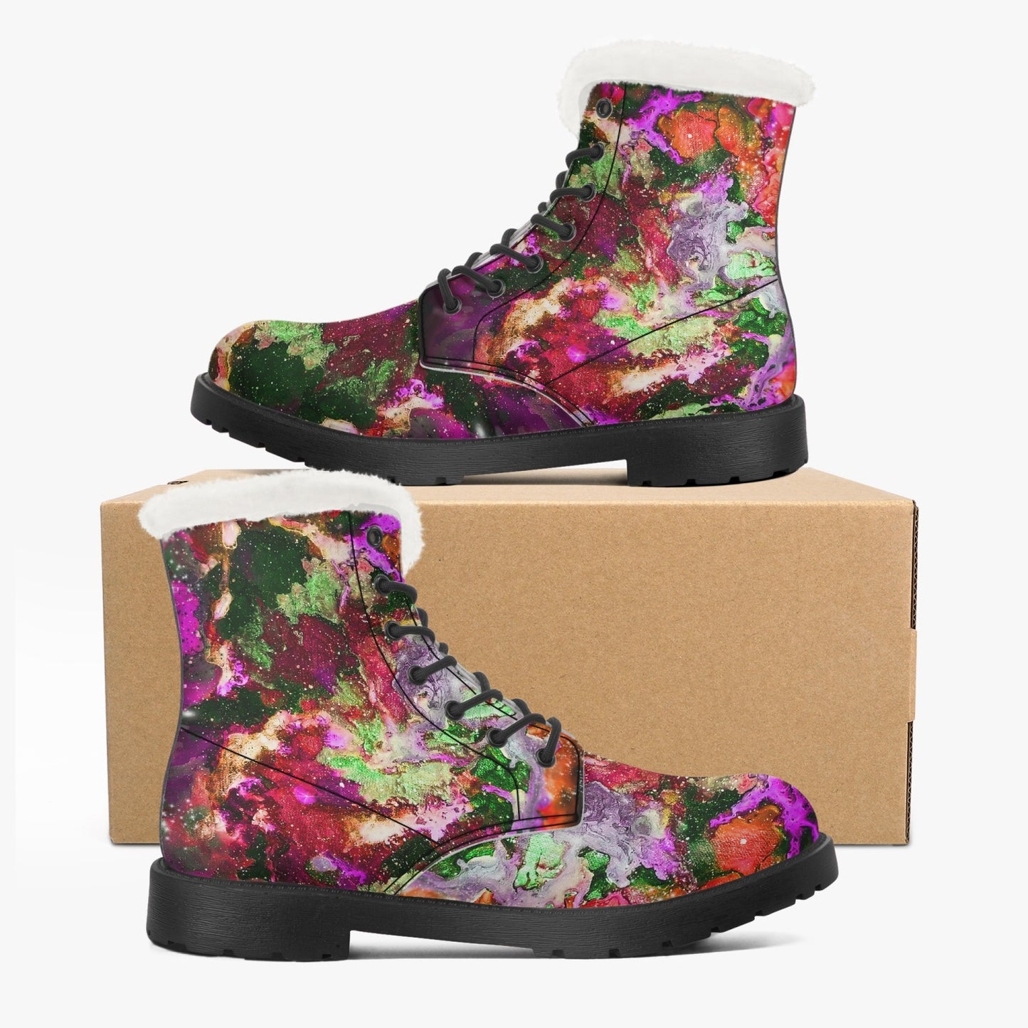 Red/Green Galaxy Faux Fur Leather Boots