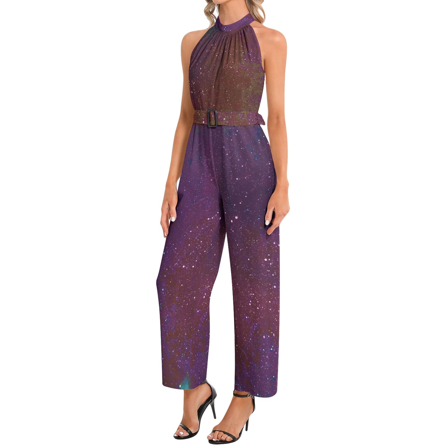 Galactic Atmosphere Halter Neck Buckle Belted Jumpsuit
