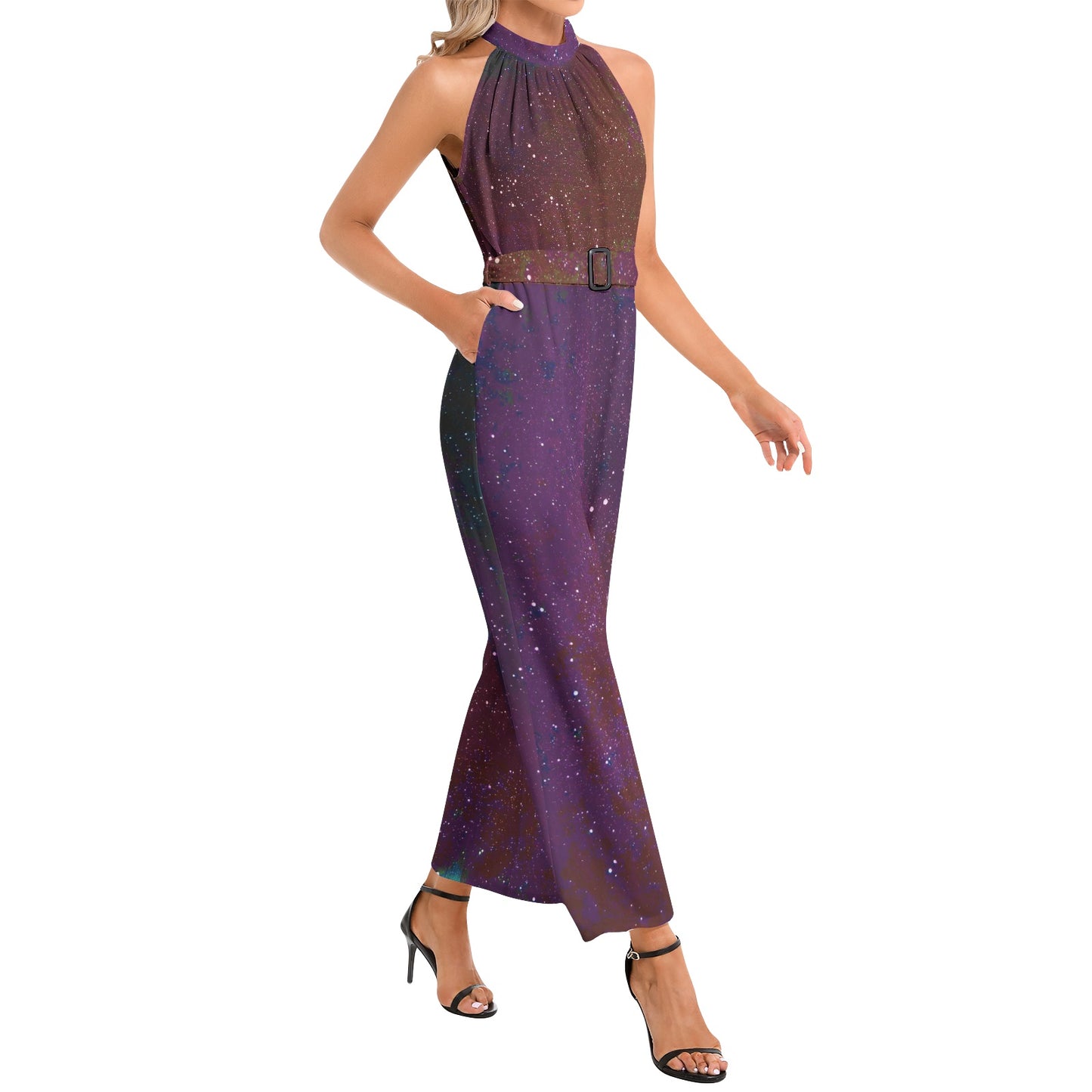 Galactic Atmosphere Halter Neck Buckle Belted Jumpsuit