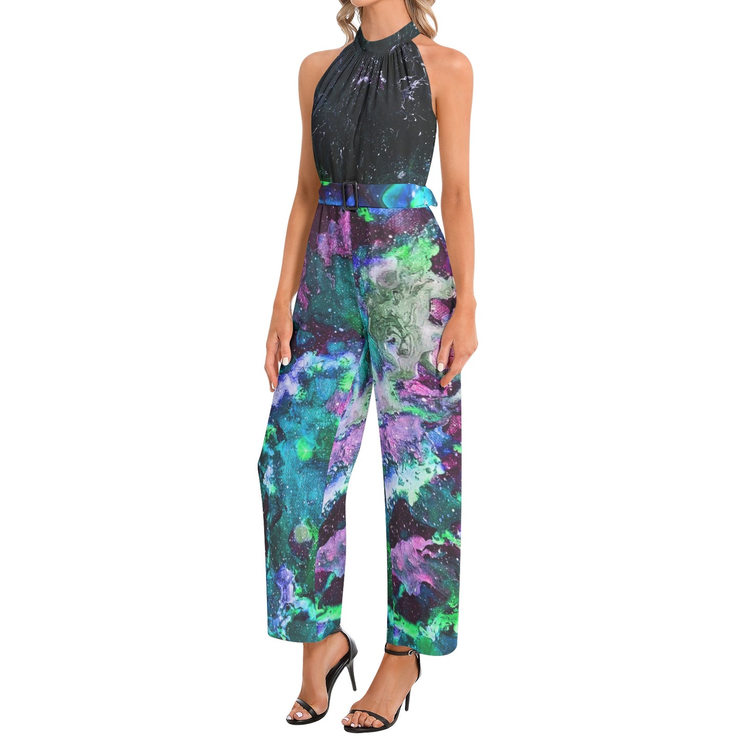 Galactic Darkness/Galaxy: Turquoise Halter Neck Buckle Belted Jumpsuit