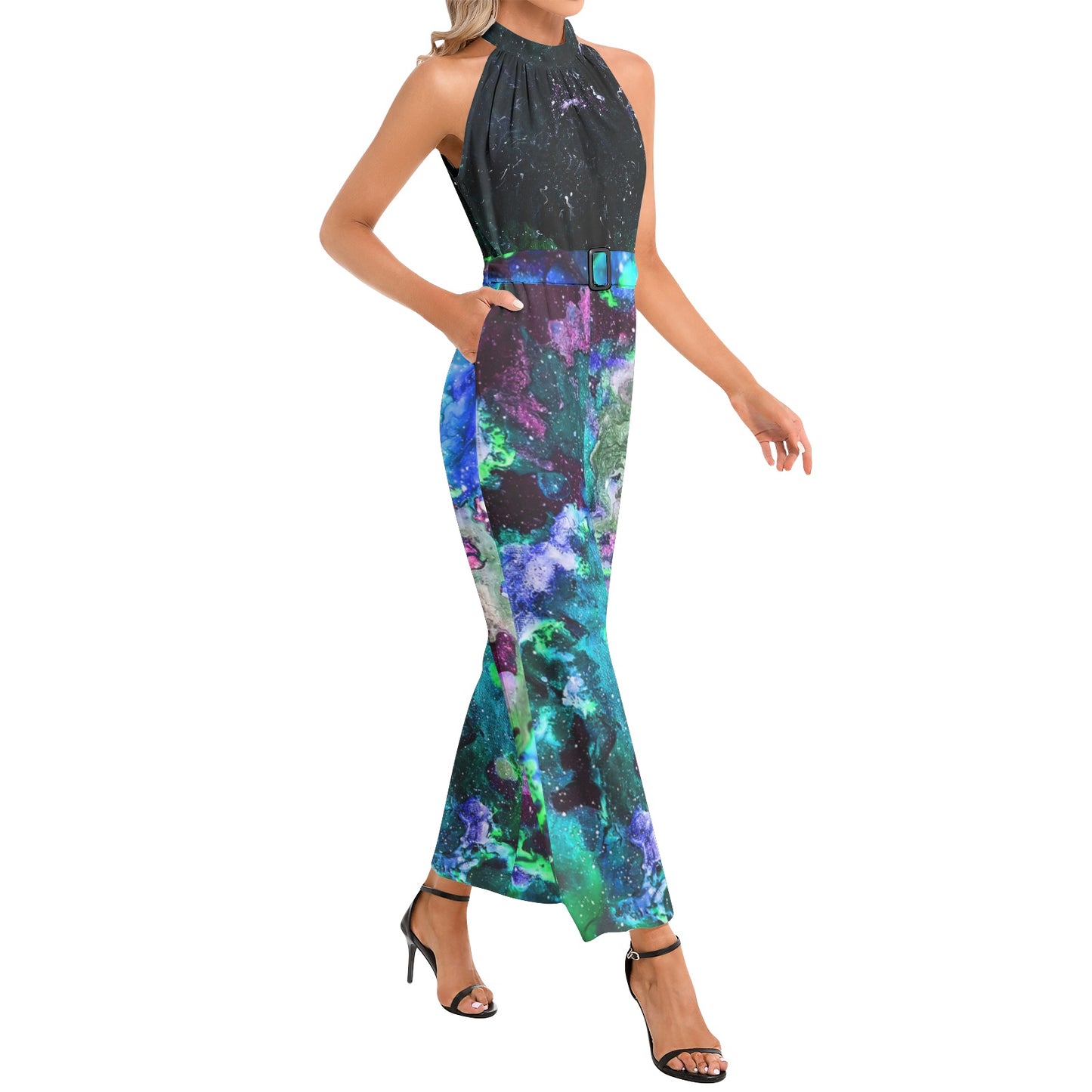 Galactic Darkness/Galaxy: Turquoise Halter Neck Buckle Belted Jumpsuit
