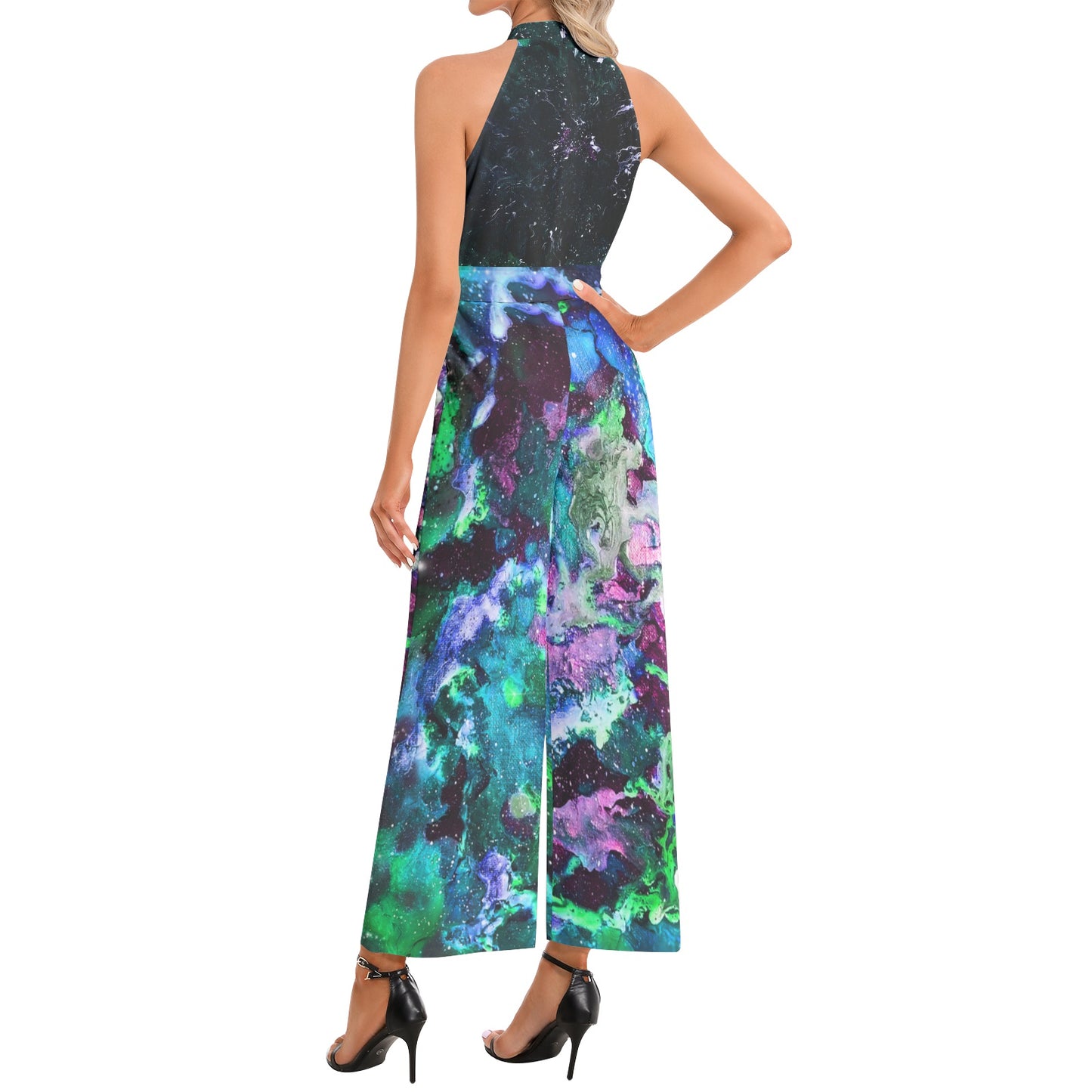 Galactic Darkness/Galaxy: Turquoise Halter Neck Buckle Belted Jumpsuit