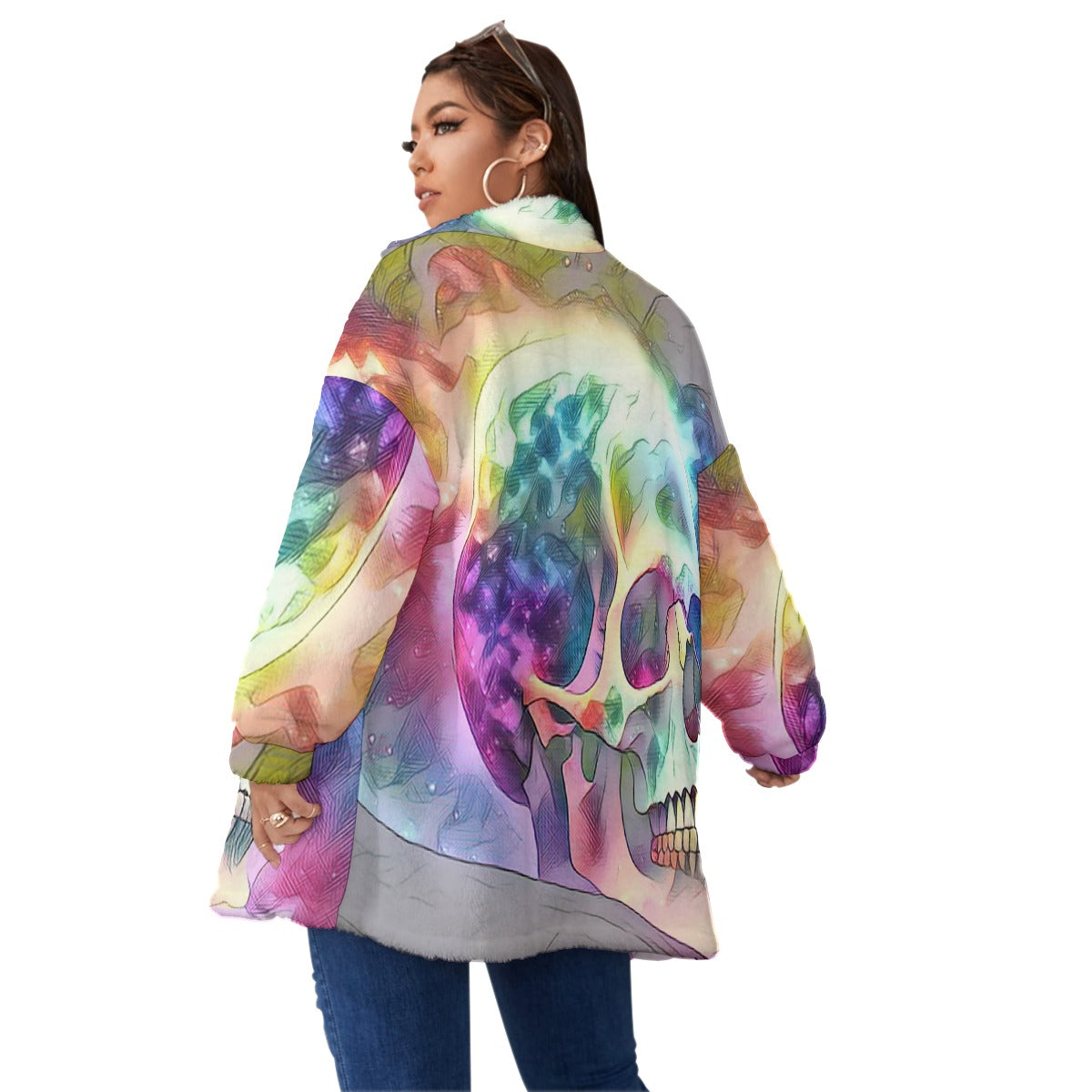 Galaxy Skull Unisex Borg Fleece Stand-up Collar Coat With Zipper Closure(Plus Size)