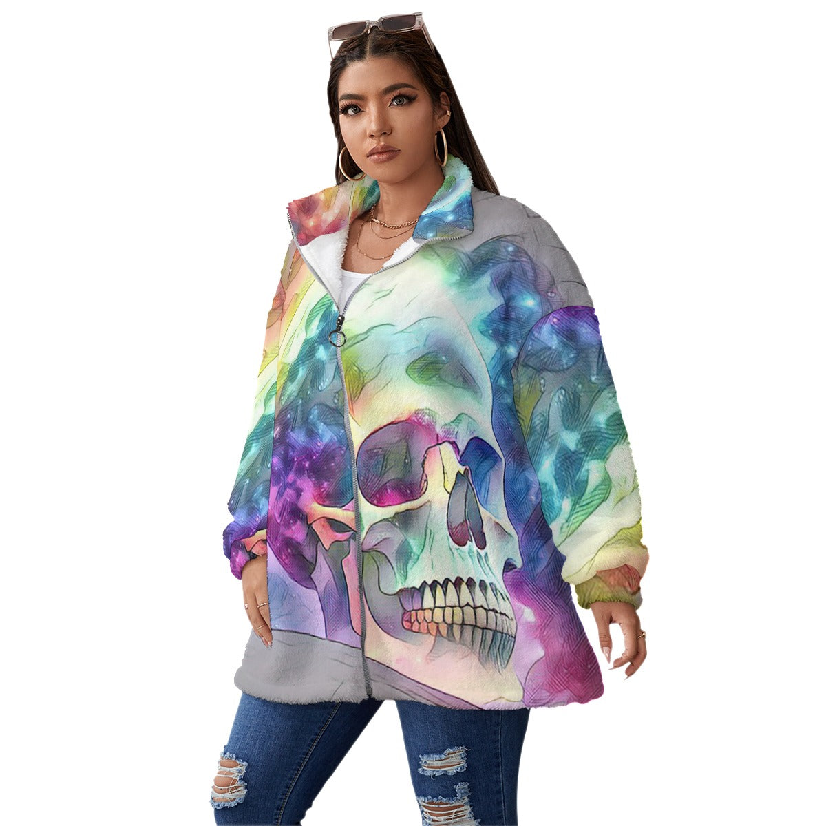 Galaxy Skull Unisex Borg Fleece Stand-up Collar Coat With Zipper Closure(Plus Size)