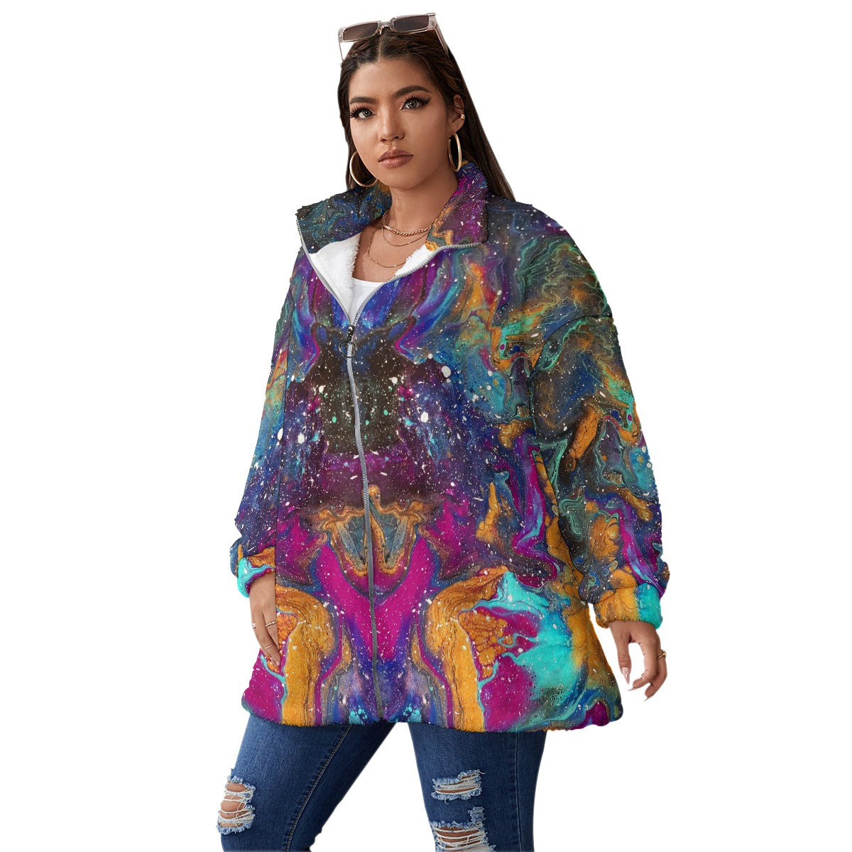 Galactic Paradise Unisex Borg Fleece Stand-up Collar Coat With Zipper Closure(Plus Size)