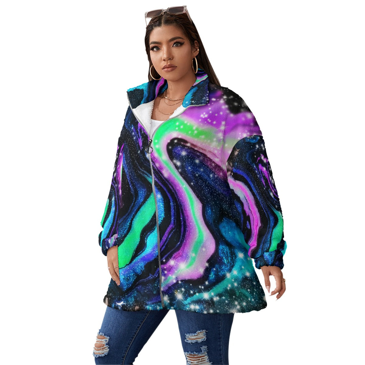 Galactic Beauty Unisex Borg Fleece Stand-up Collar Coat With Zipper Closure(Plus Size)