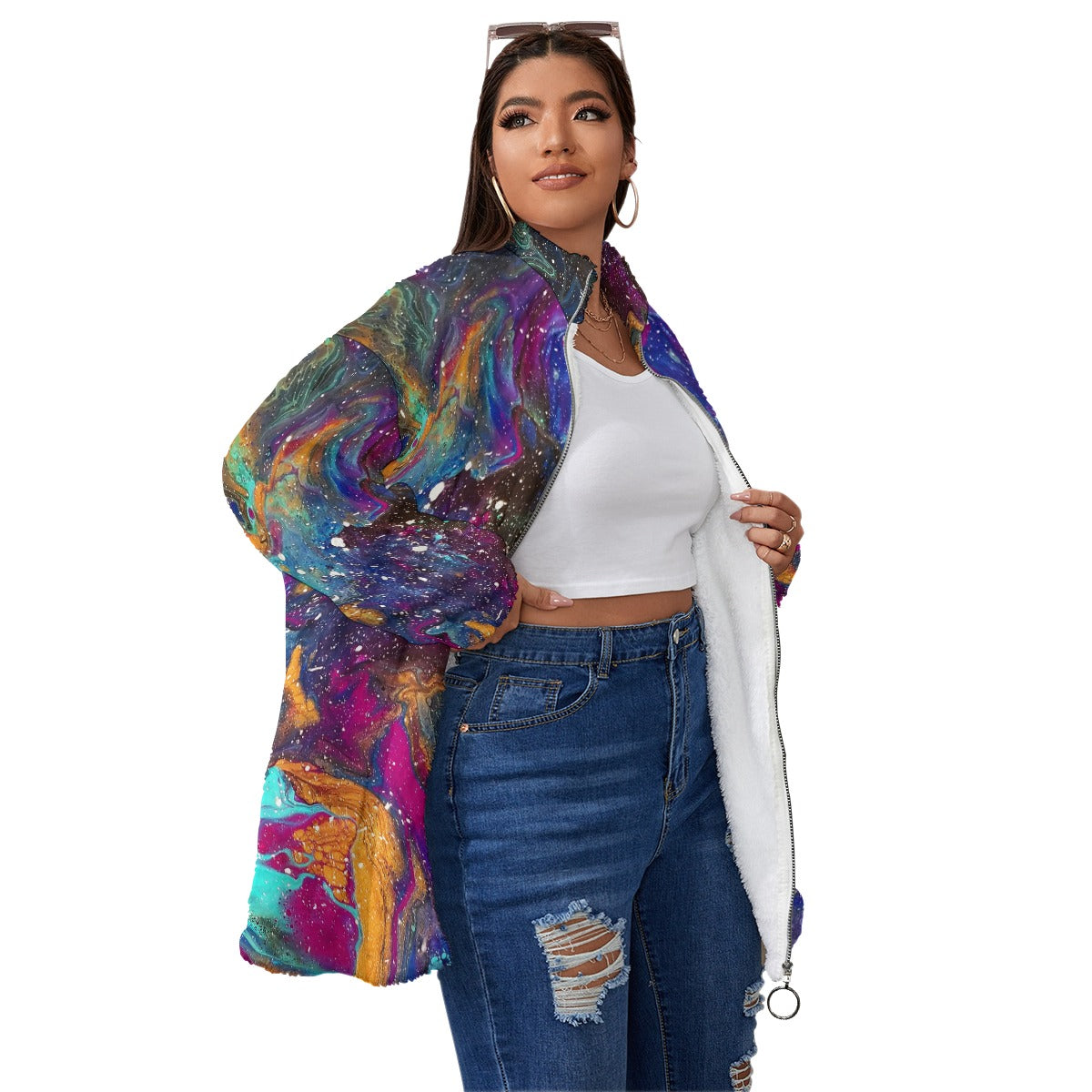 Galactic Paradise Unisex Borg Fleece Stand-up Collar Coat With Zipper Closure(Plus Size)