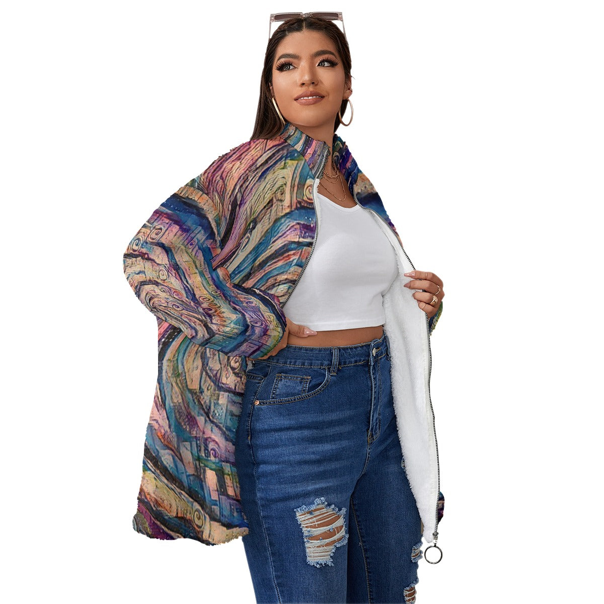 Galactic Whirlpool Unisex Borg Fleece Stand-up Collar Coat With Zipper Closure(Plus Size)