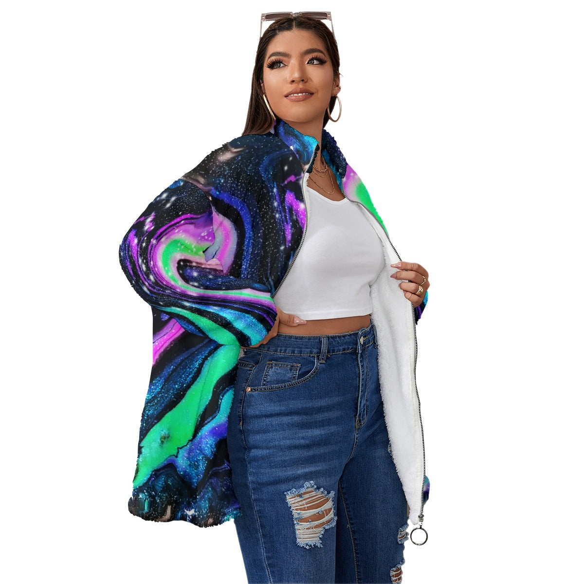 Galactic Beauty Unisex Borg Fleece Stand-up Collar Coat With Zipper Closure(Plus Size)
