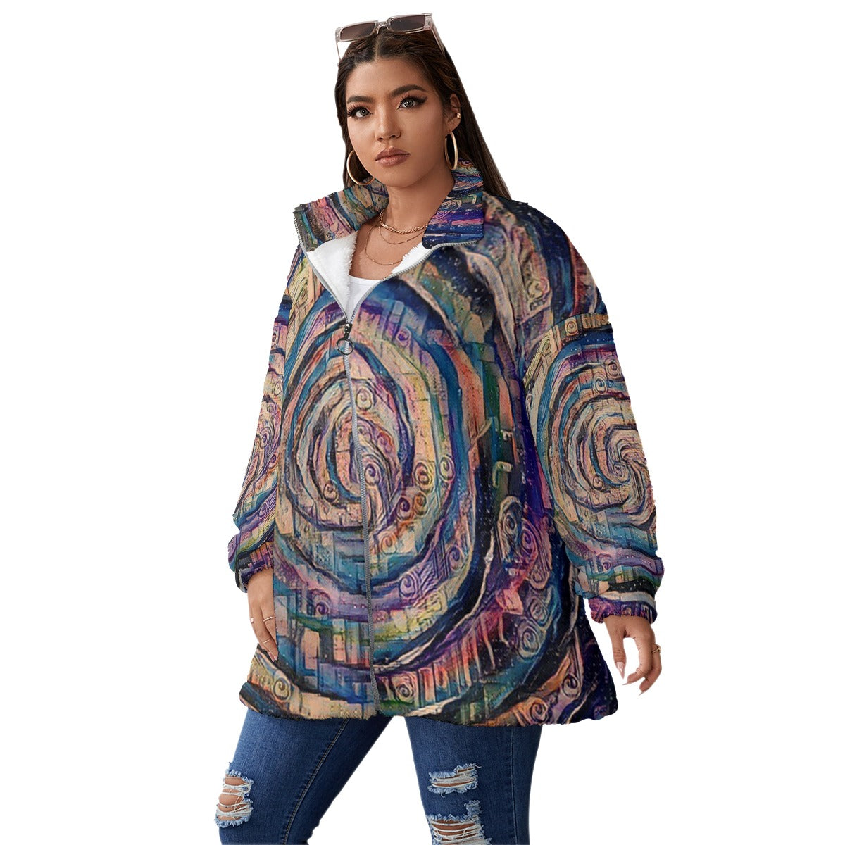 Galactic Whirlpool Unisex Borg Fleece Stand-up Collar Coat With Zipper Closure(Plus Size)