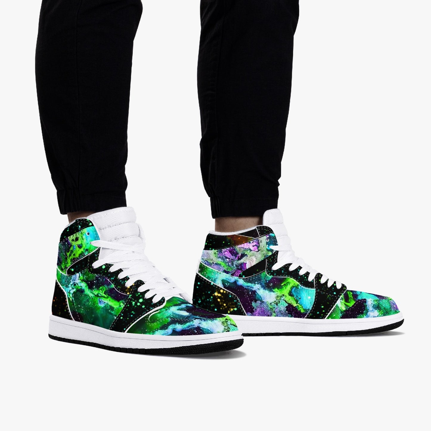 Green Galaxy/Green Star Party Black High-Top Leather Sneakers