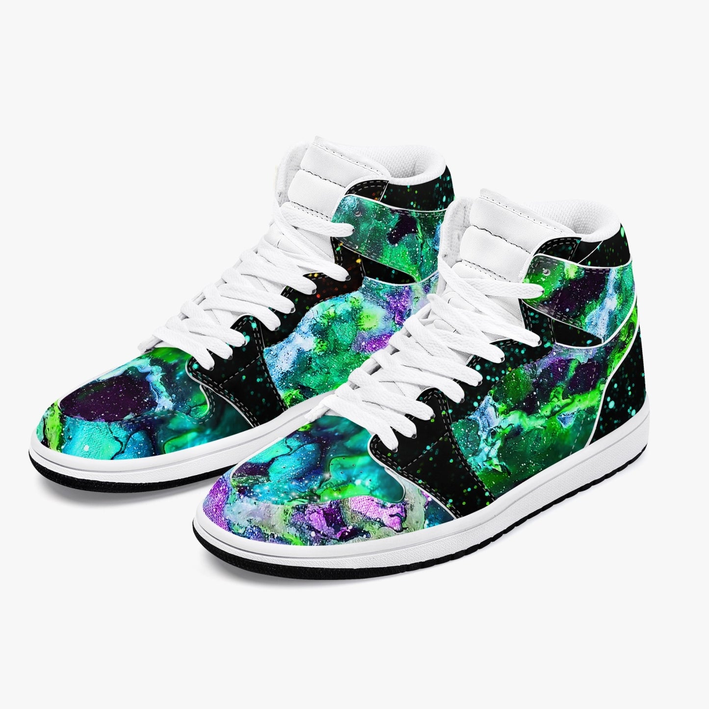 Green Galaxy/Green Star Party Black High-Top Leather Sneakers