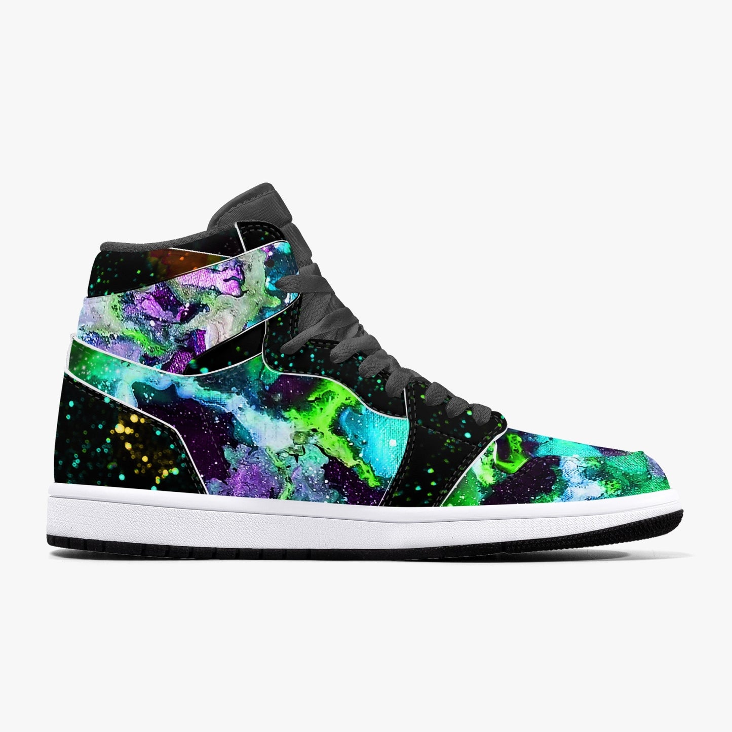 Green Galaxy/Green Star Party Black High-Top Leather Sneakers