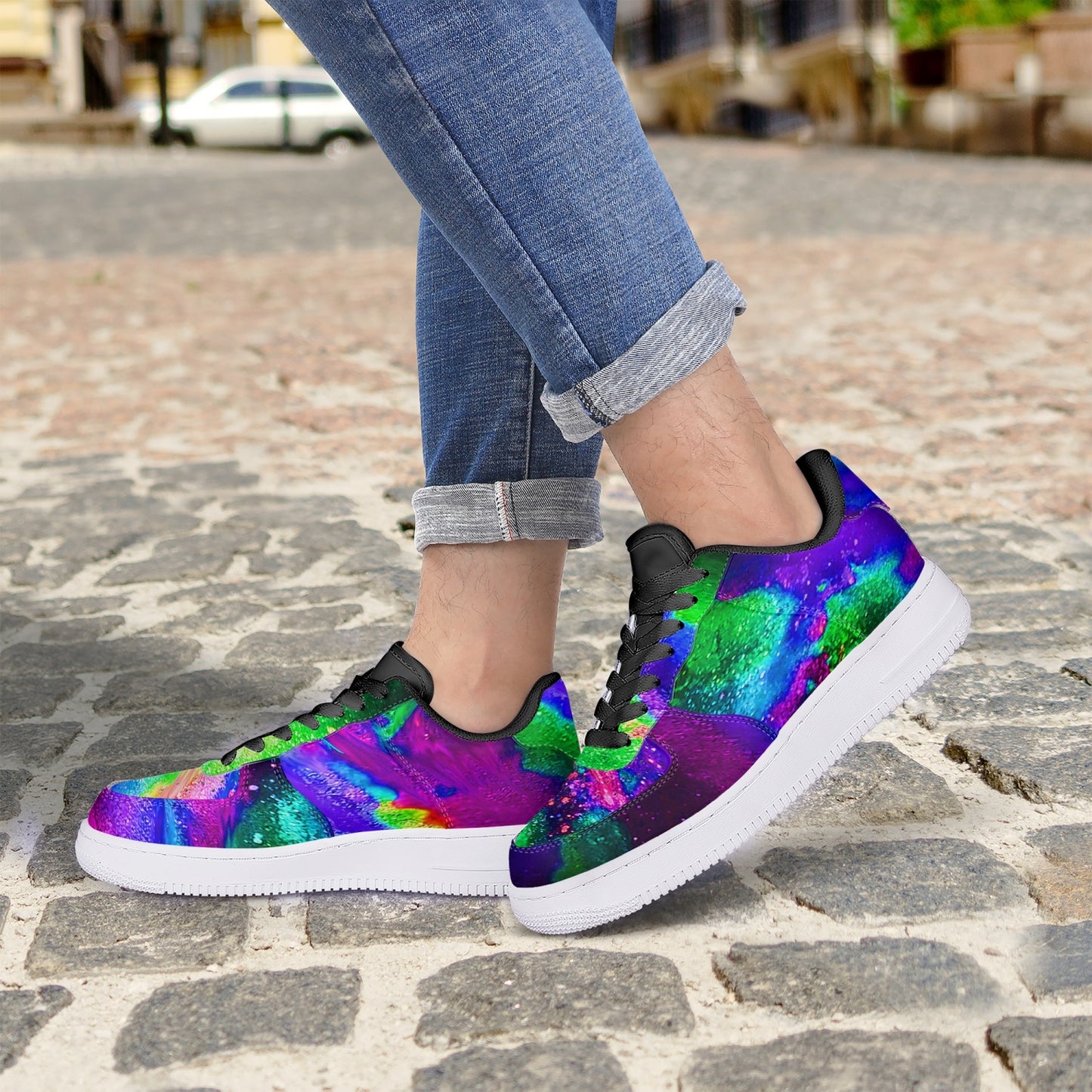 Explosive Nebula Green Black Low-Top Leather Sports Sneakers