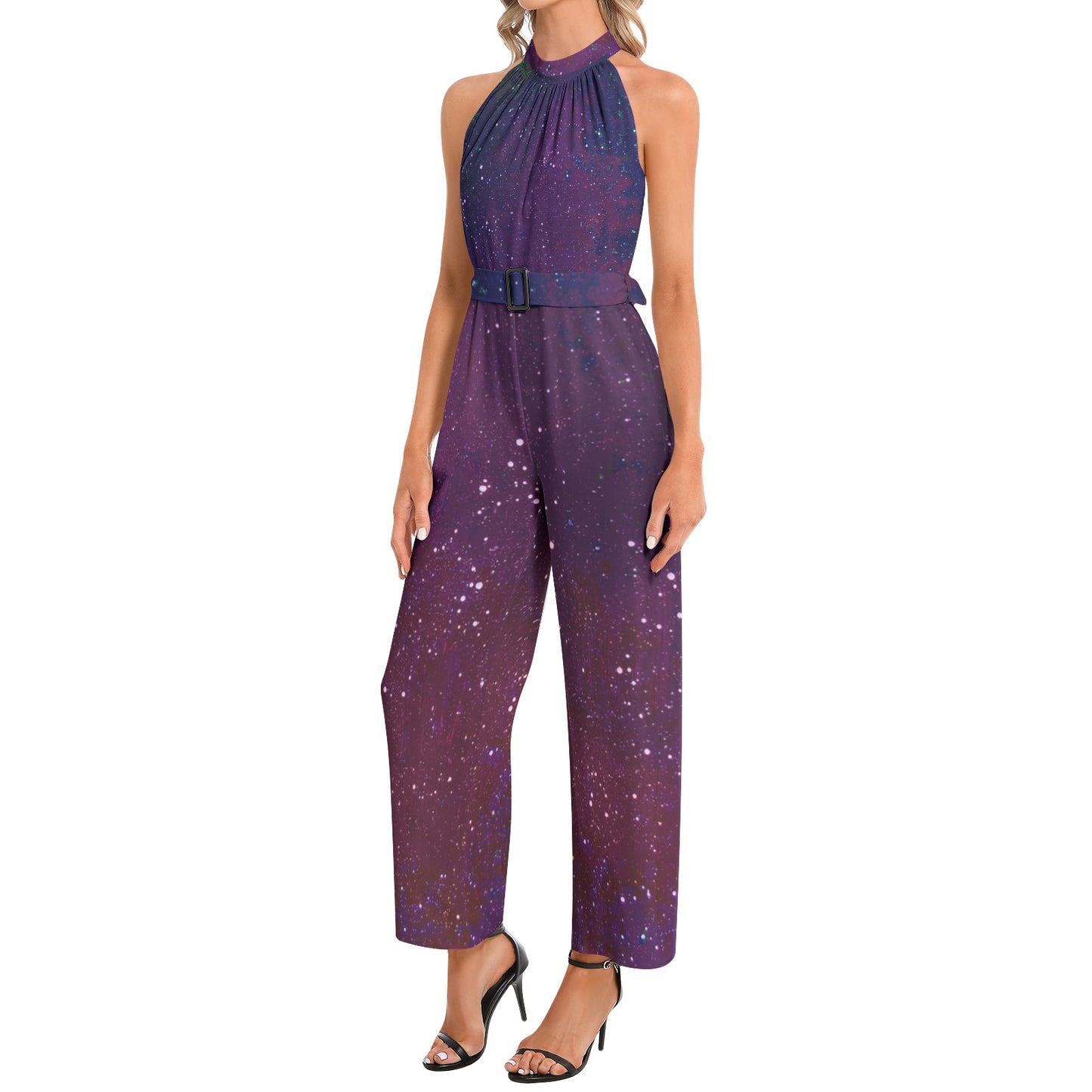 Galactic Atmosphere Halter Neck Buckle Belted Jumpsuit