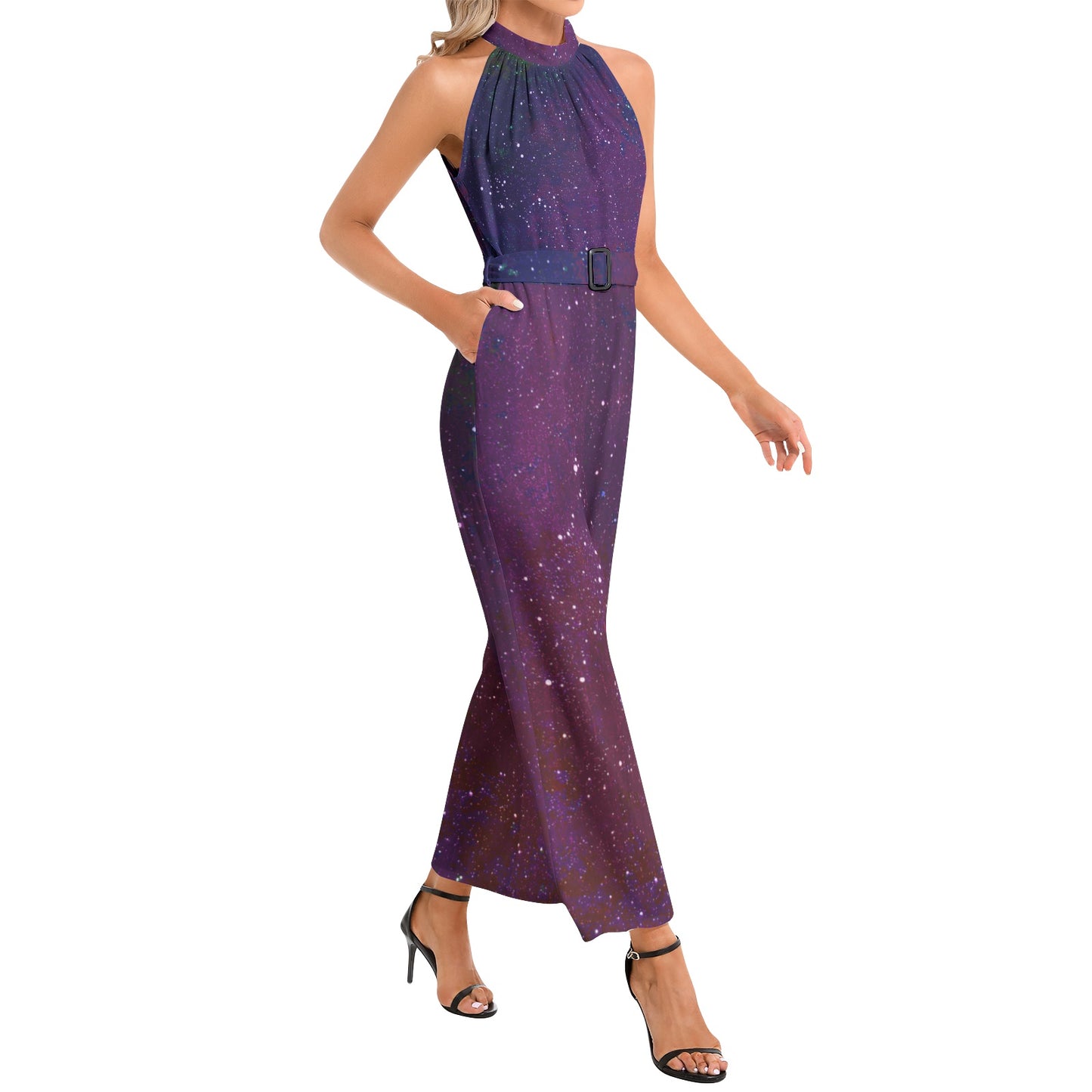 Galactic Atmosphere Halter Neck Buckle Belted Jumpsuit