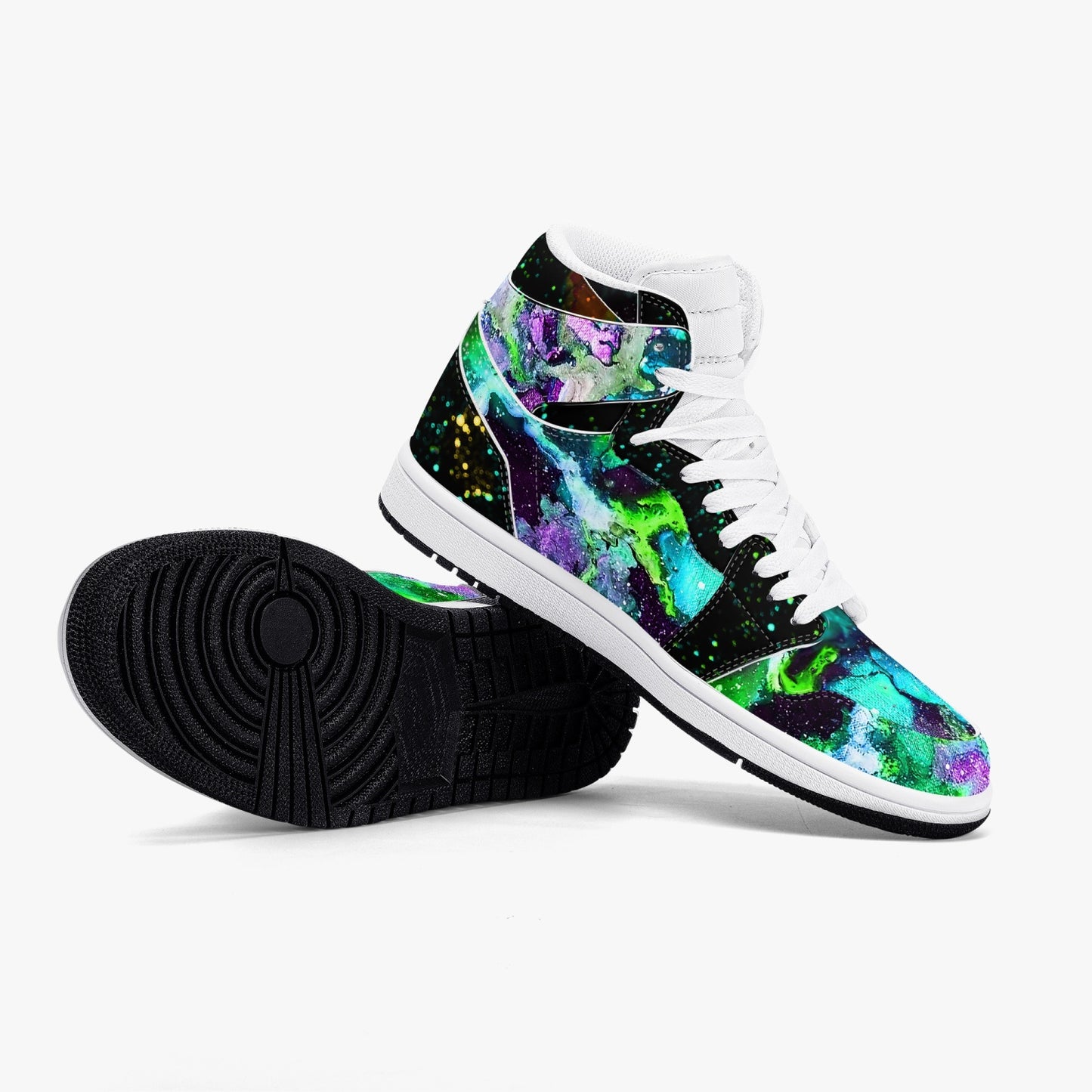 Green Galaxy/Green Star Party Black High-Top Leather Sneakers