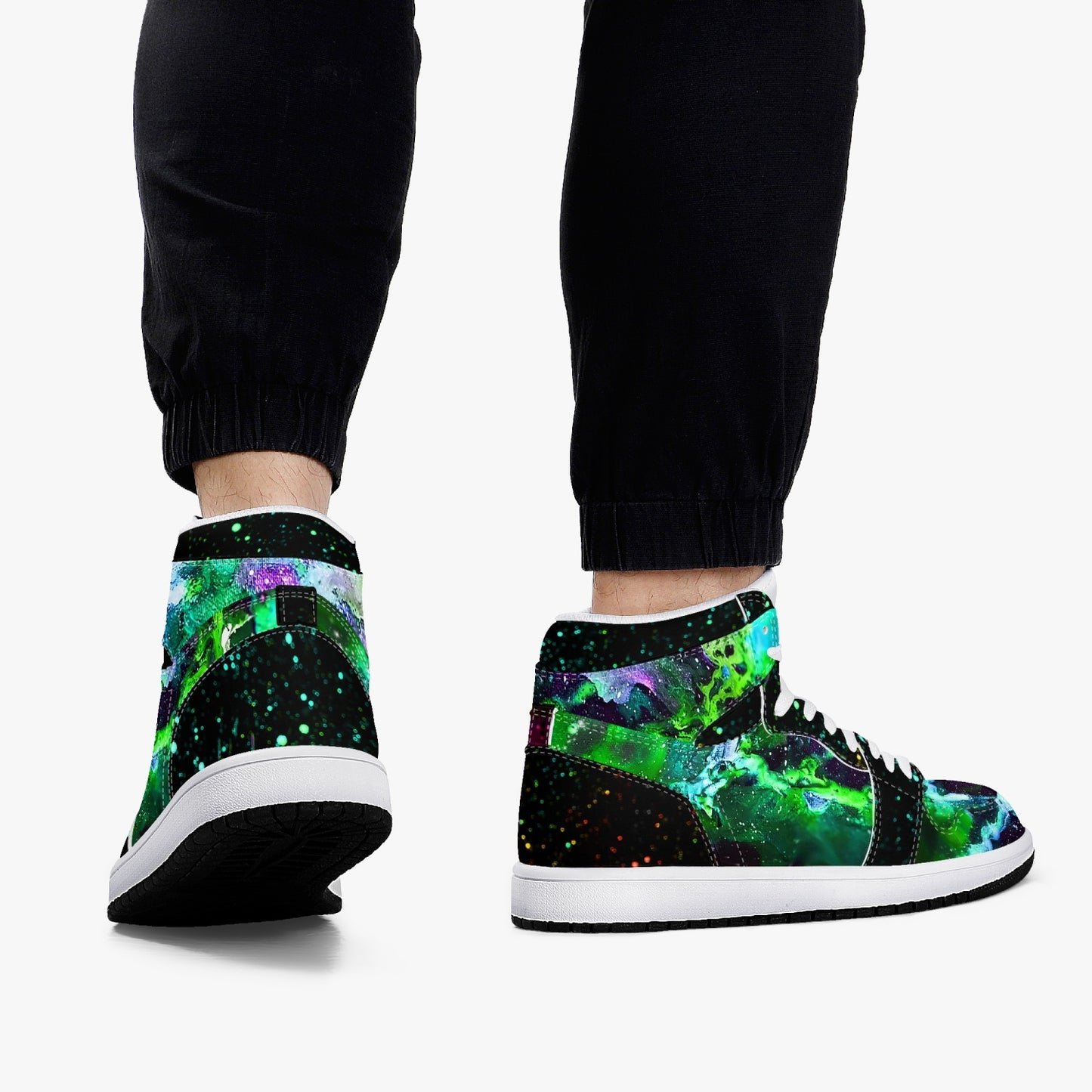 Green Galaxy/Green Star Party Black High-Top Leather Sneakers