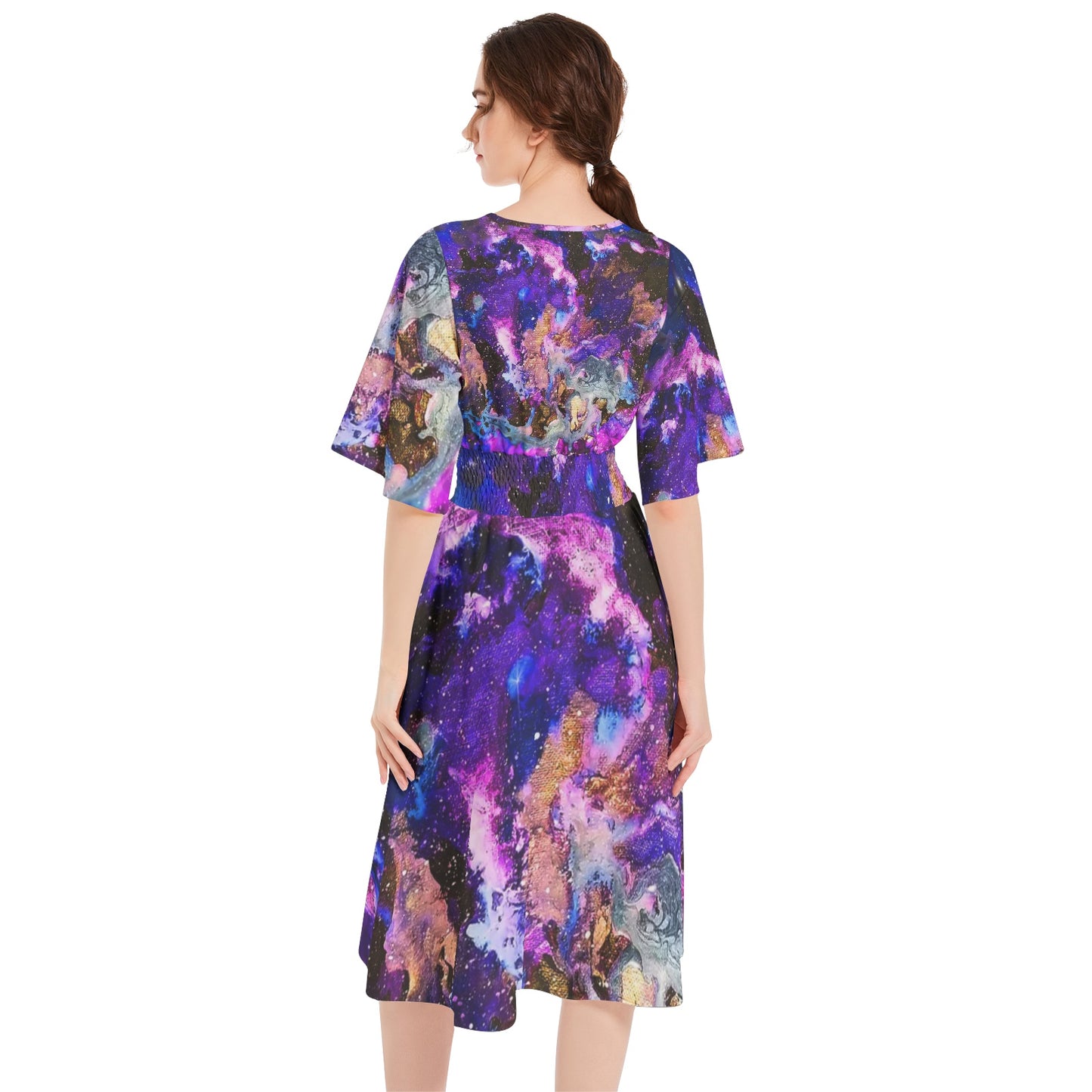Galaxy: Purple Butterfly Sleeve Shirred High Waist A Line Midi Dress