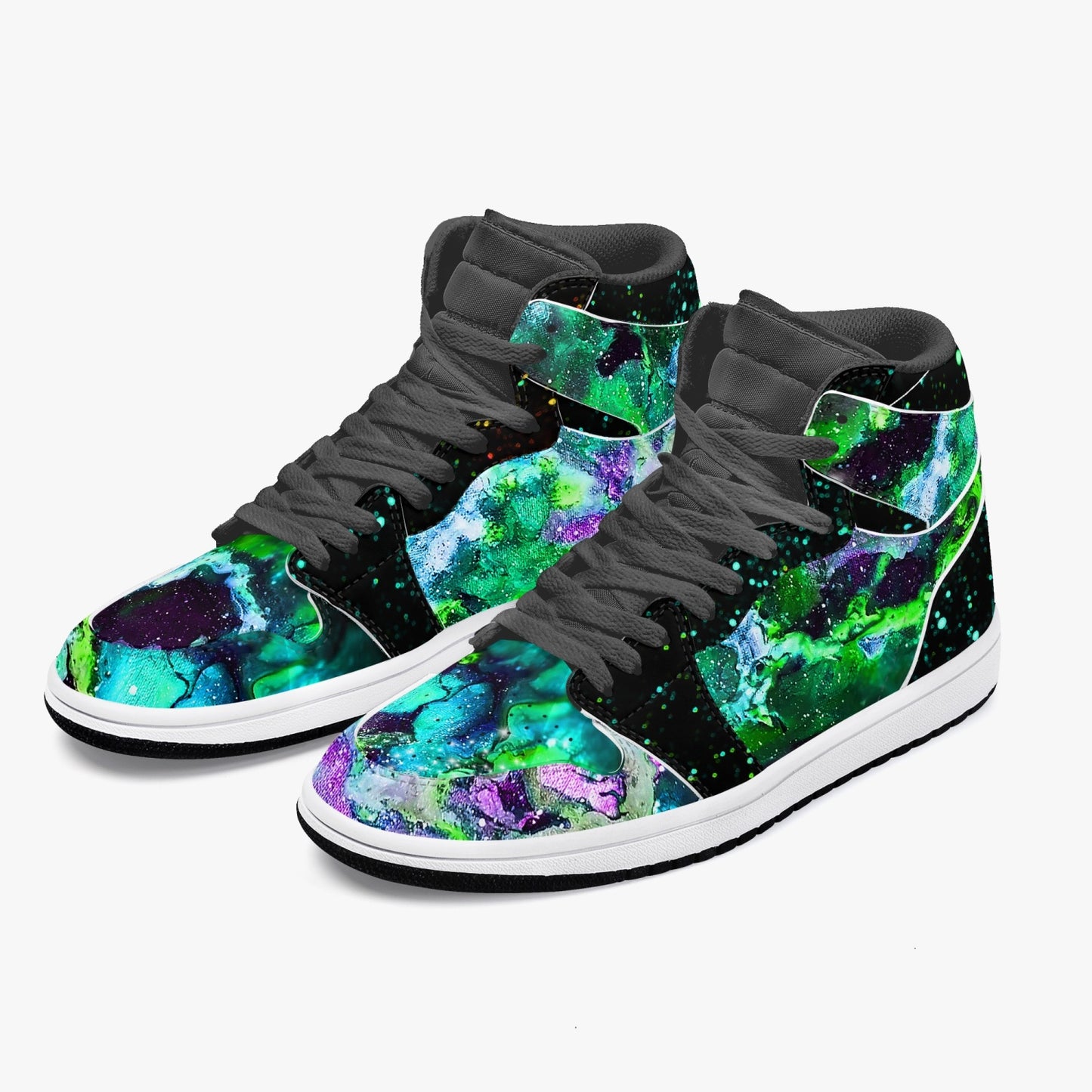 Green Galaxy/Green Star Party Black High-Top Leather Sneakers