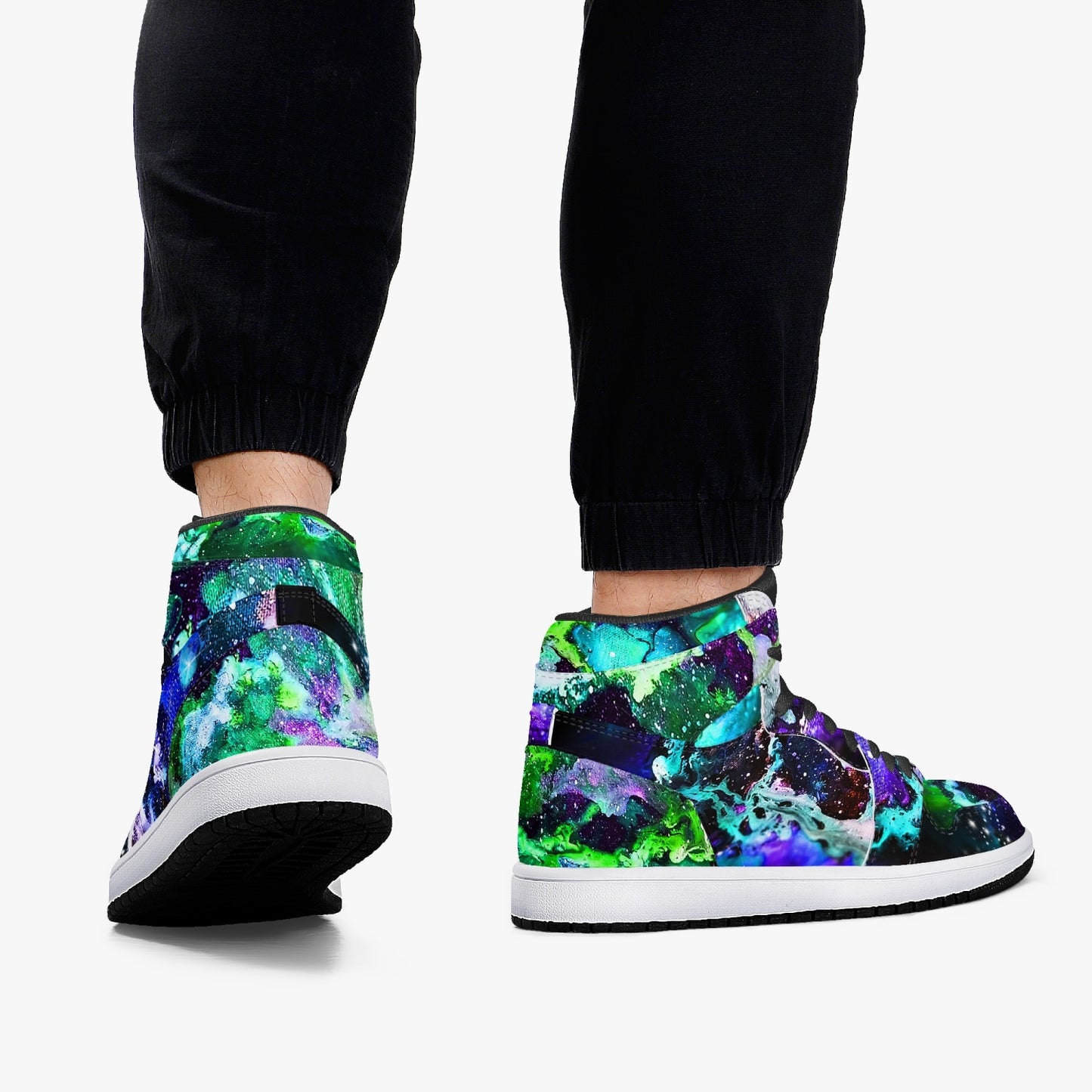 Teal and Purple Galaxy Black High-Top Leather Sneakers