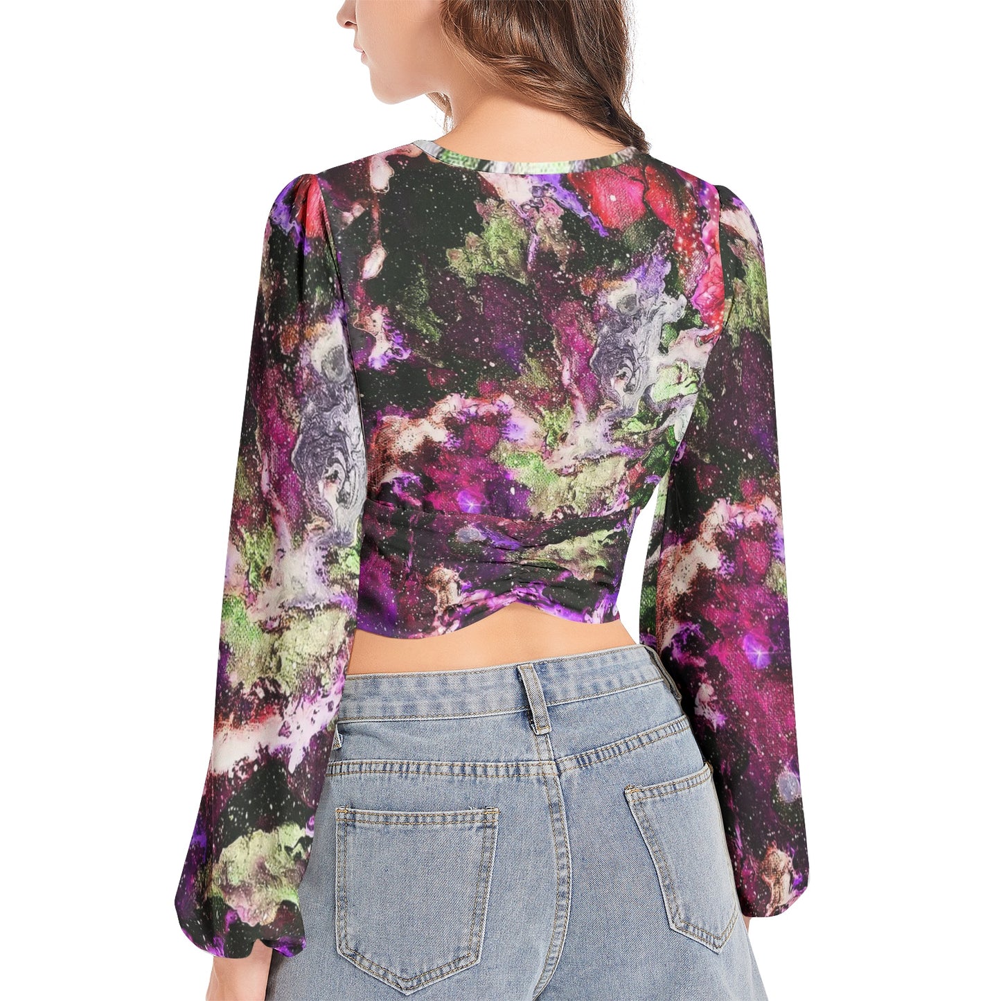 Galaxy: Red Women's Deep V-Neck Lantern Sleeve Crop Top