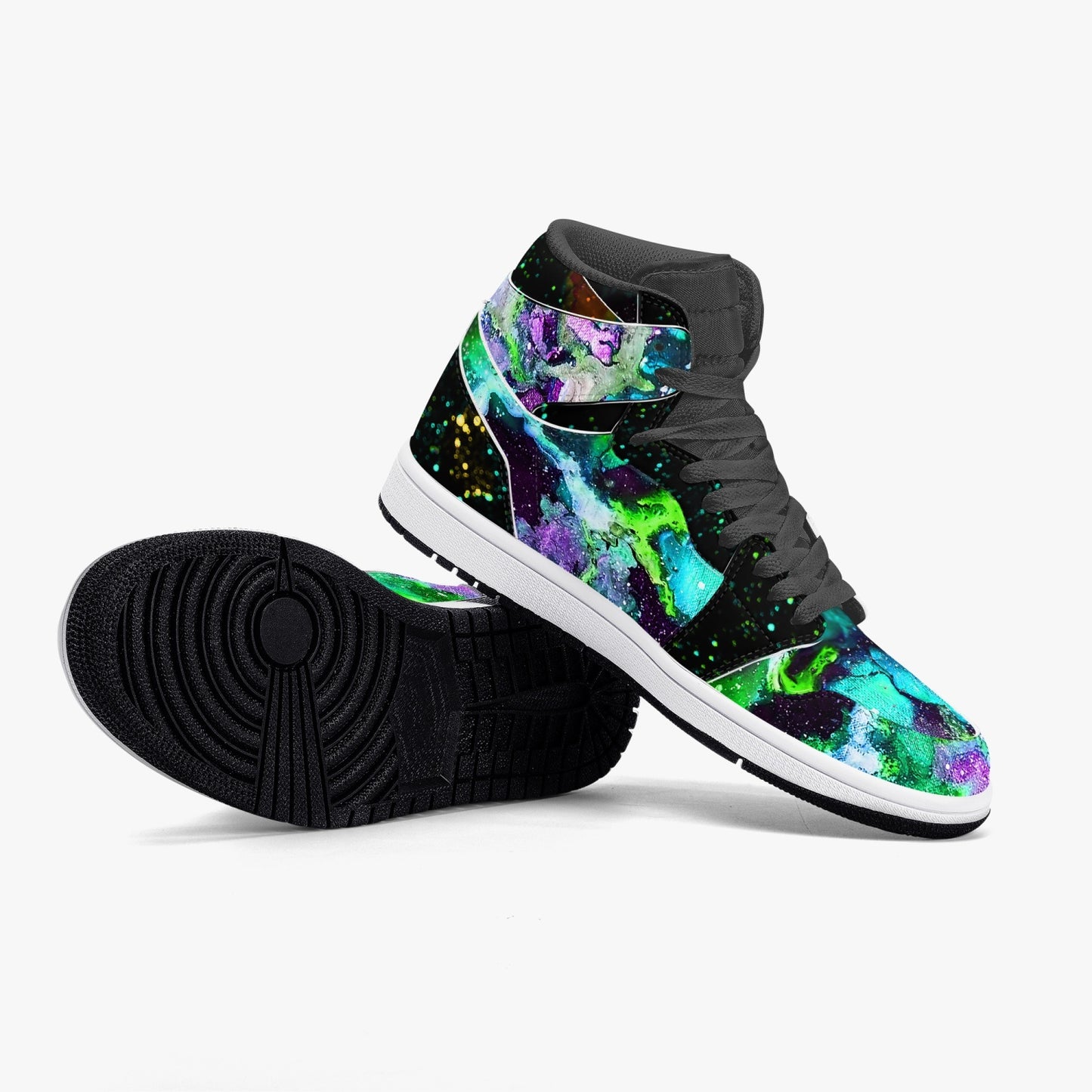 Green Galaxy/Green Star Party Black High-Top Leather Sneakers