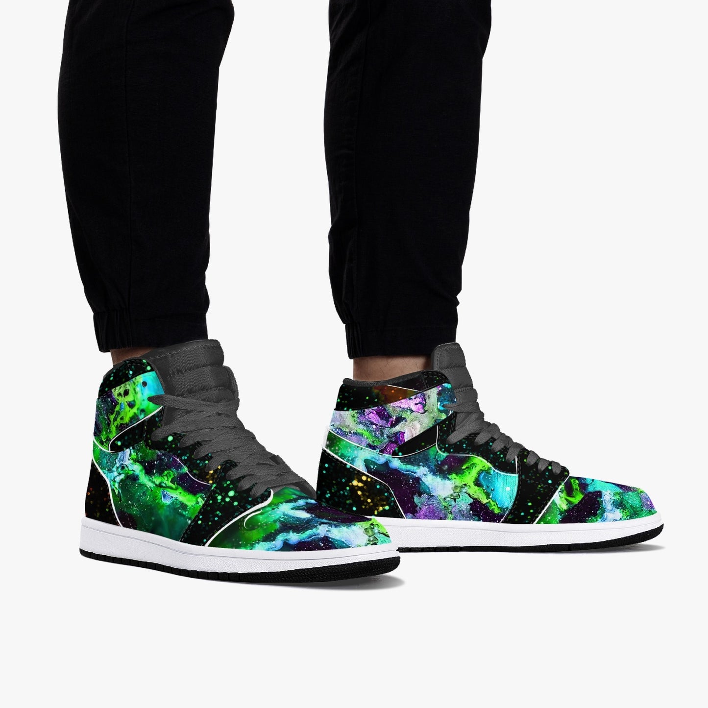 Green Galaxy/Green Star Party Black High-Top Leather Sneakers