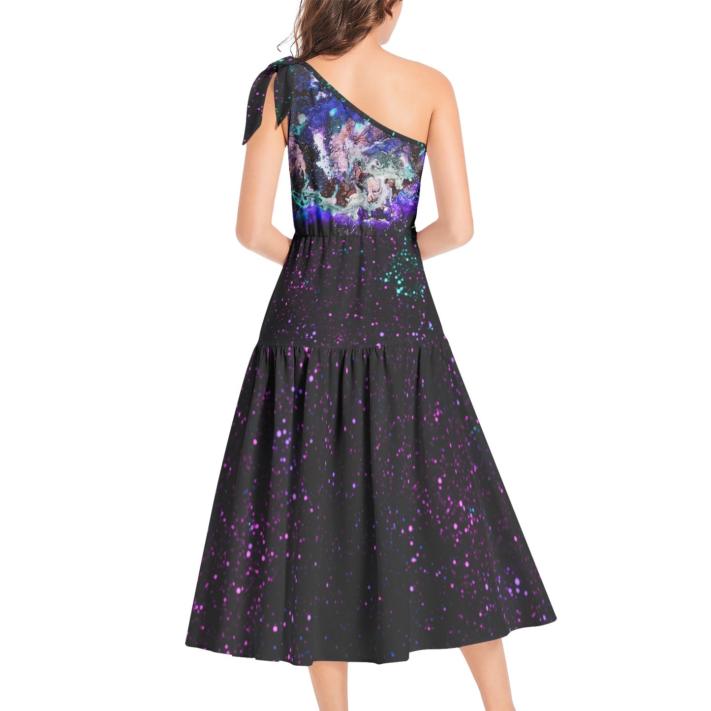 Star party/Galaxy: Blue Ruffle Hem One Shoulder Midi Dress
