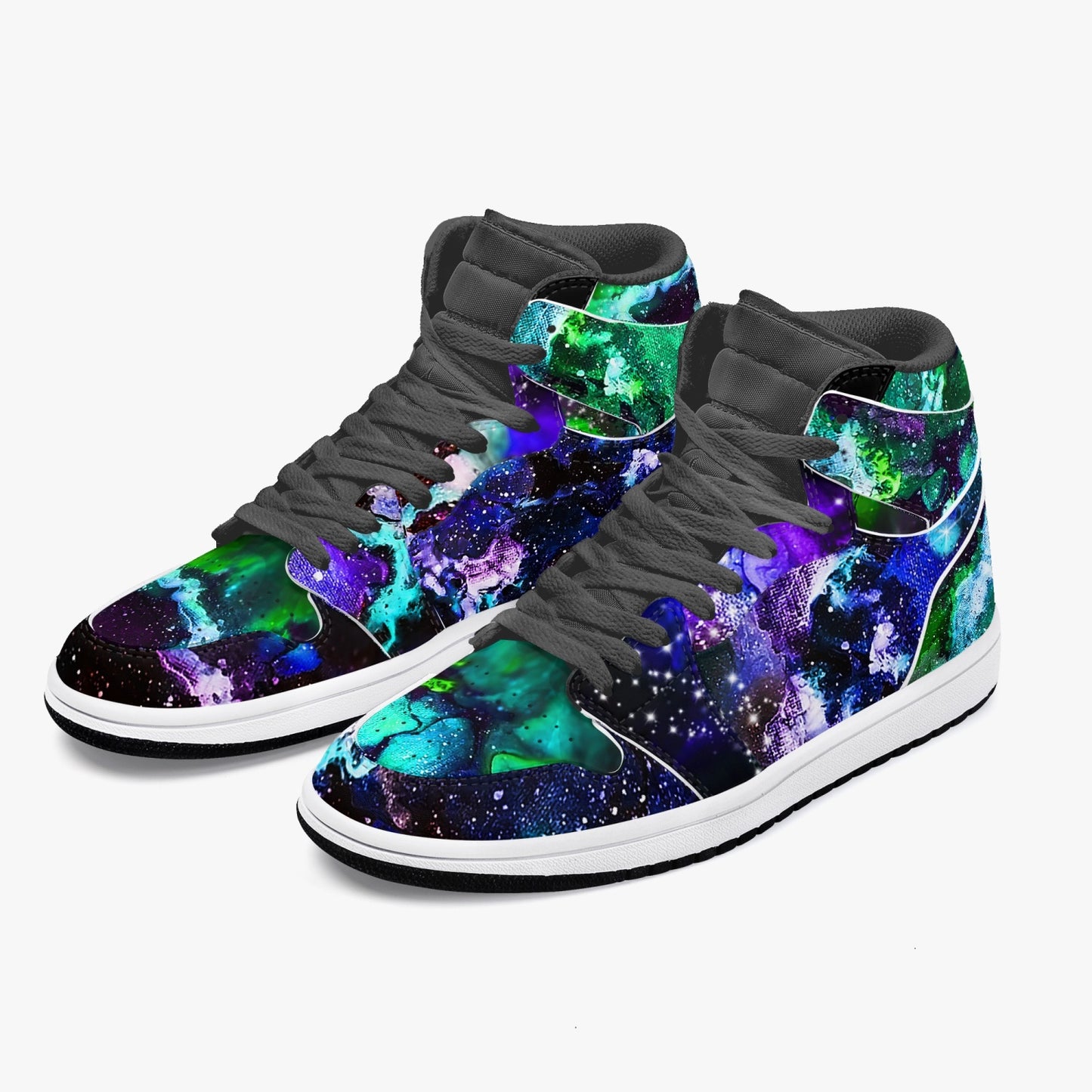 Teal and Purple Galaxy Black High-Top Leather Sneakers
