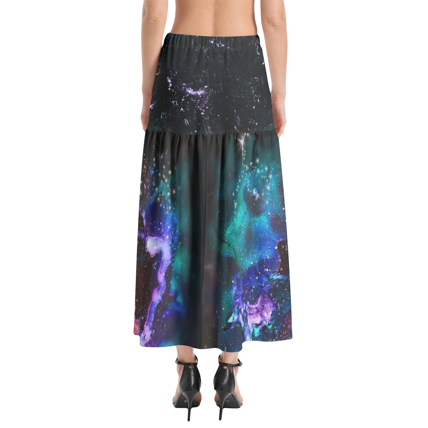 Galaxy Elastic Waist Ruffle Slit Hem Skirt