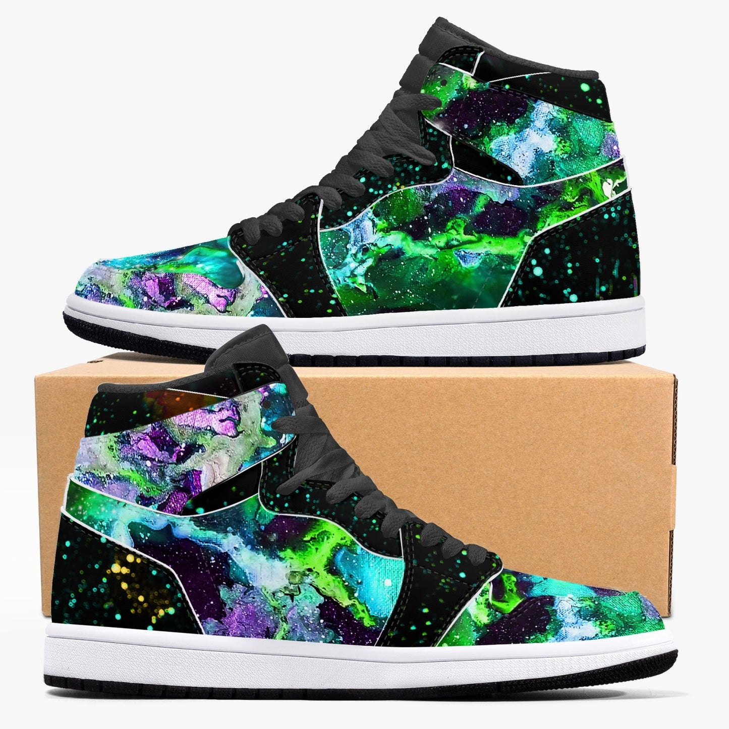 Green Galaxy/Green Star Party Black High-Top Leather Sneakers