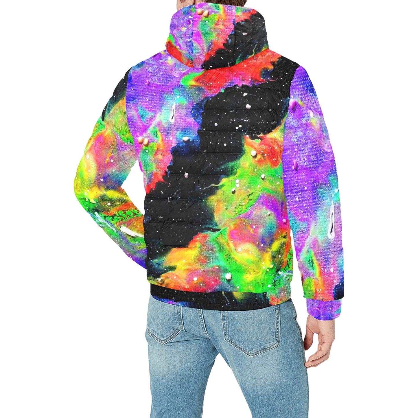 Galactic Rainbow Jacket Men's Padded Hooded Jacket (Model H42)