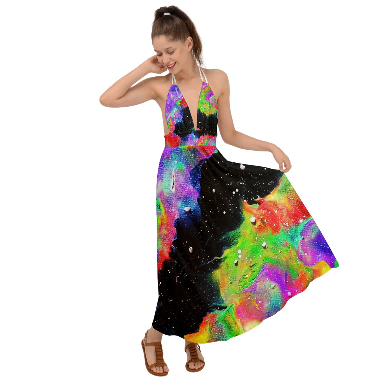 Galactic Rainbow Backless Maxi Beach Dress