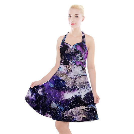 Purple/Blue Galaxy Halter Party Swing Dress