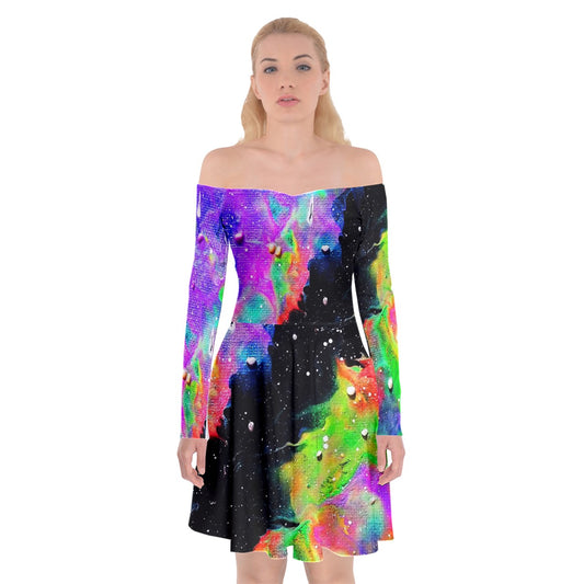 Galactic Rainbow Off Shoulder Skater Dress