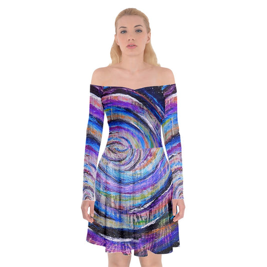 Galactic Whirlpool Off Shoulder Skater Dress