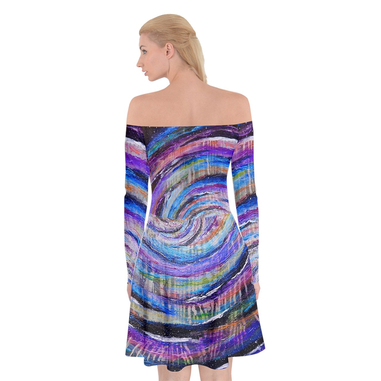 Galactic Whirlpool Off Shoulder Skater Dress