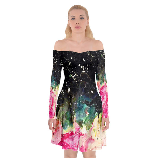 Galactic Fire Off Shoulder Skater Dress