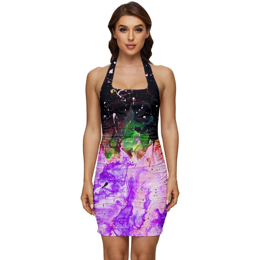 Galactic Fire Sleeveless Wide Square Neckline Ruched Bodycon Dress