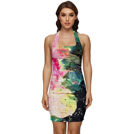 Galactic Fire Sleeveless Wide Square Neckline Ruched Bodycon Dress