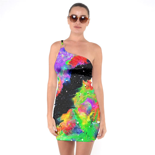 Galactic Rainbow One Shoulder Ring Trim Bodycon Dress