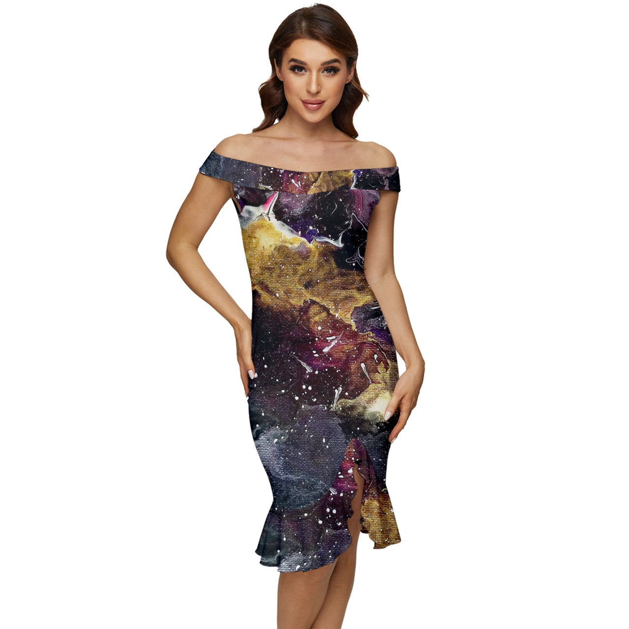 Galactic Clouds Off Shoulder Ruffle Split Hem Bodycon Dress