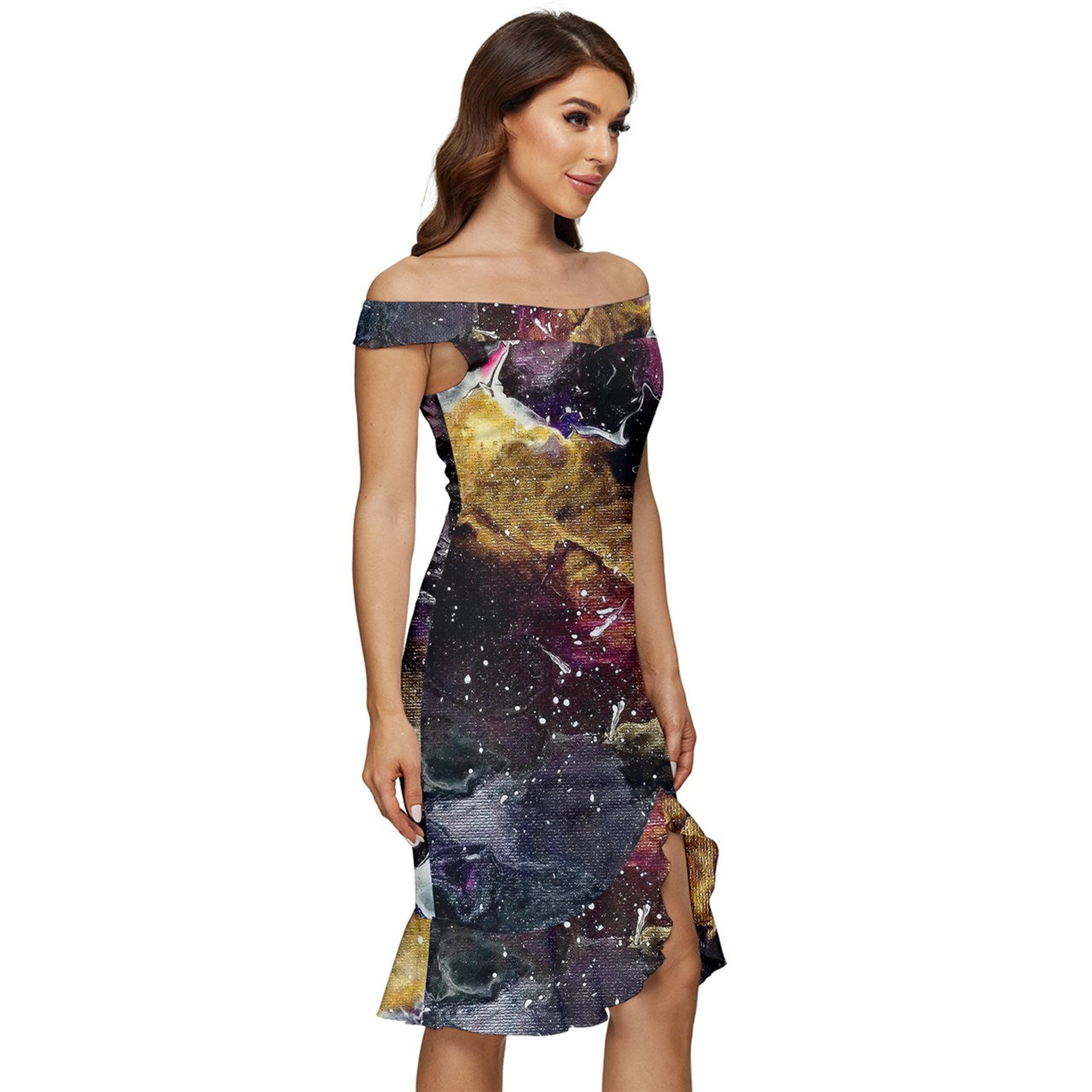 Galactic Clouds Off Shoulder Ruffle Split Hem Bodycon Dress