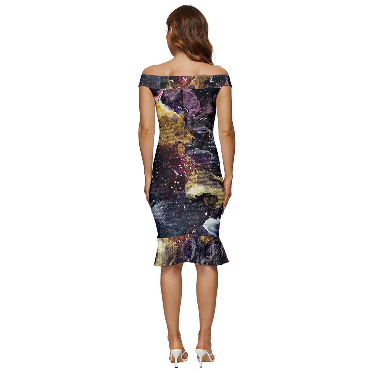 Galactic Clouds Off Shoulder Ruffle Split Hem Bodycon Dress